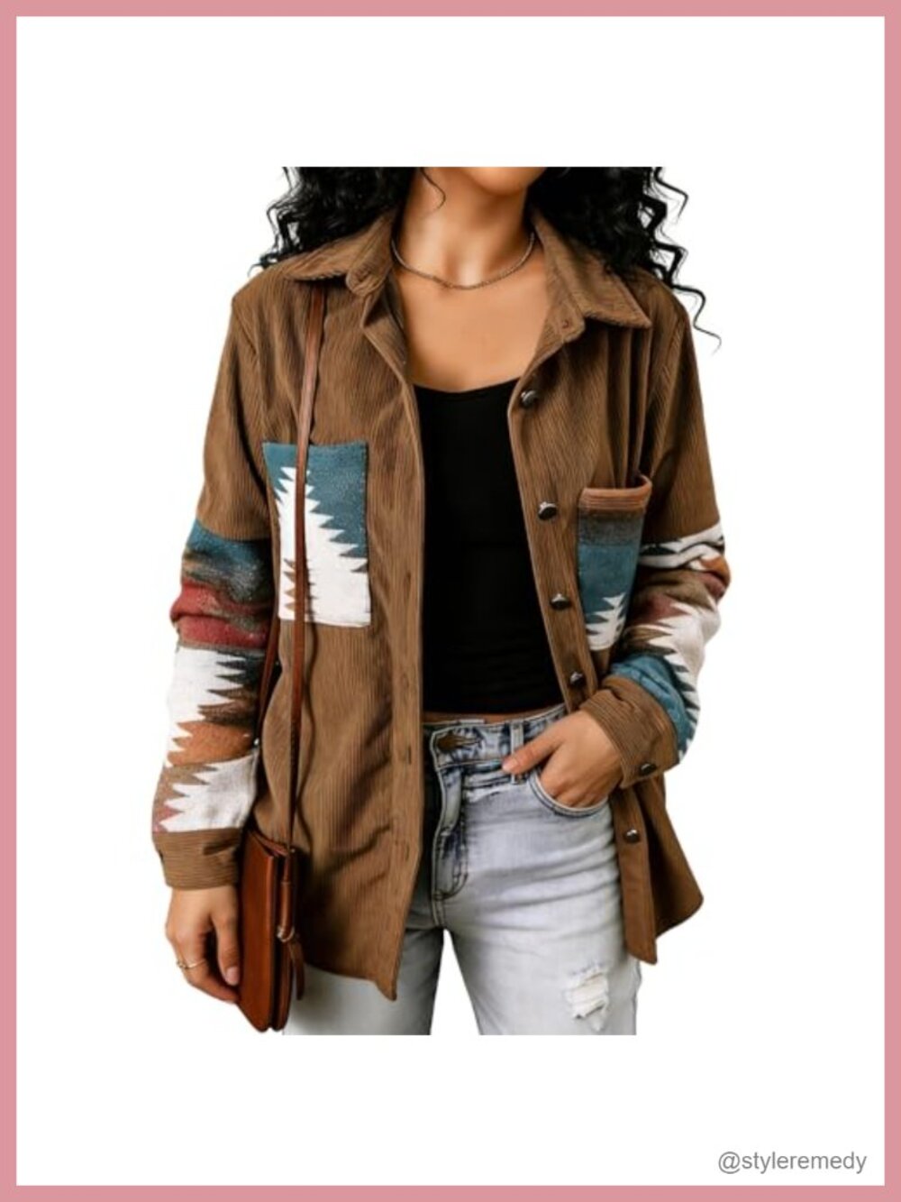 Oversized Corduroy Aztec Plaid Shacket Button Down Shirt